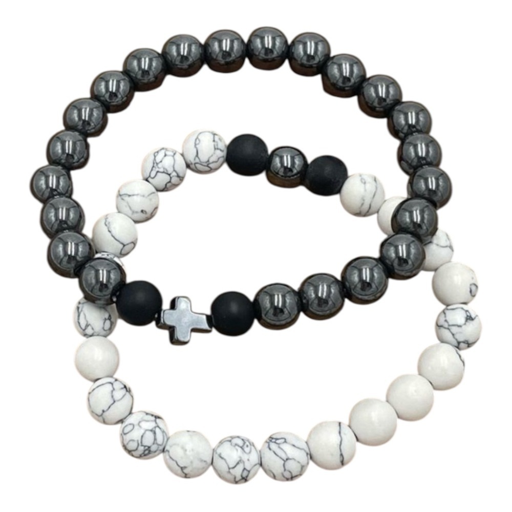 Set of Two Elastic Hematite and Howlite Bracelets with Black Matte…